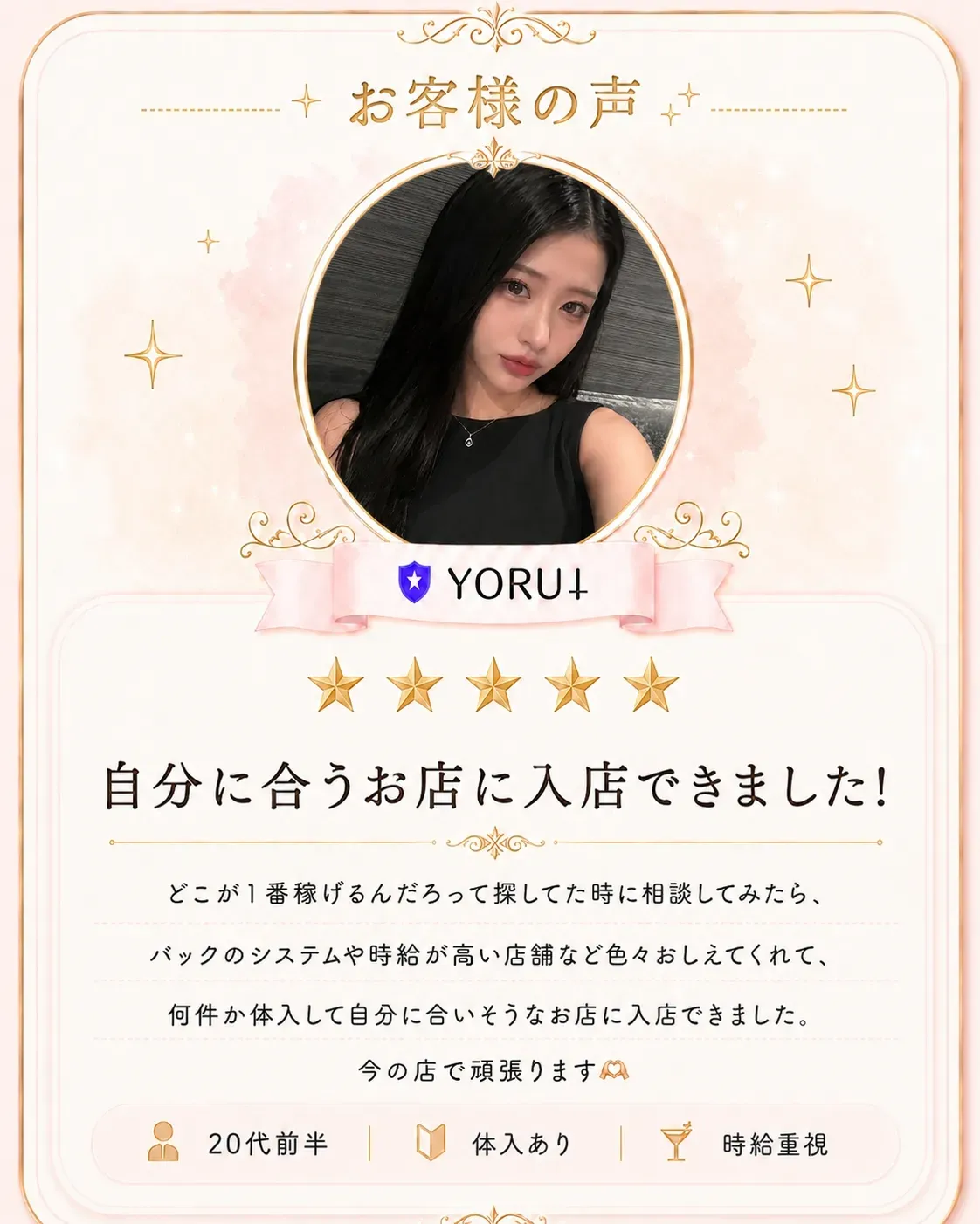 20代前半 体入あり 時給重視「自分に合うお店に入店できました」ご利用者の声